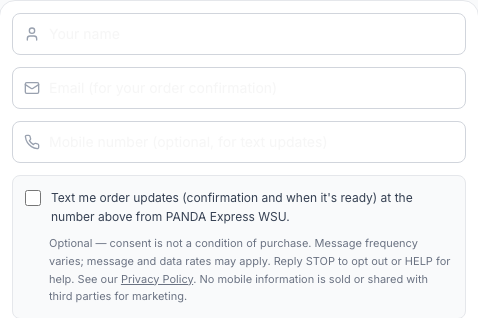 Order Ahead checkout showing an optional mobile number field and an unchecked consent checkbox reading "Text me order updates (confirmation and when it is ready) at the number above from PANDA Express WSU", followed by the full disclosure text.